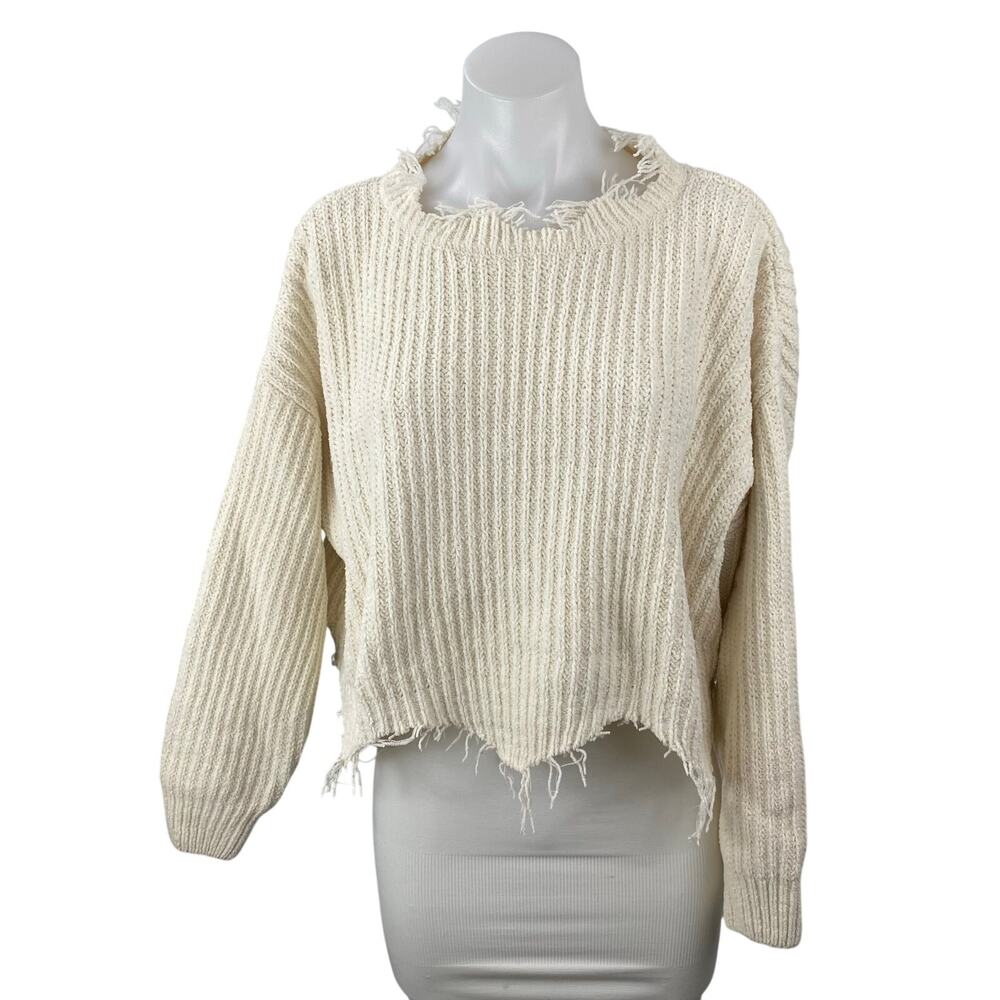 Dress Forum Womens Ivory Ripped Frayed Long Sleeve Crop Sweatshirt Sweater Top S